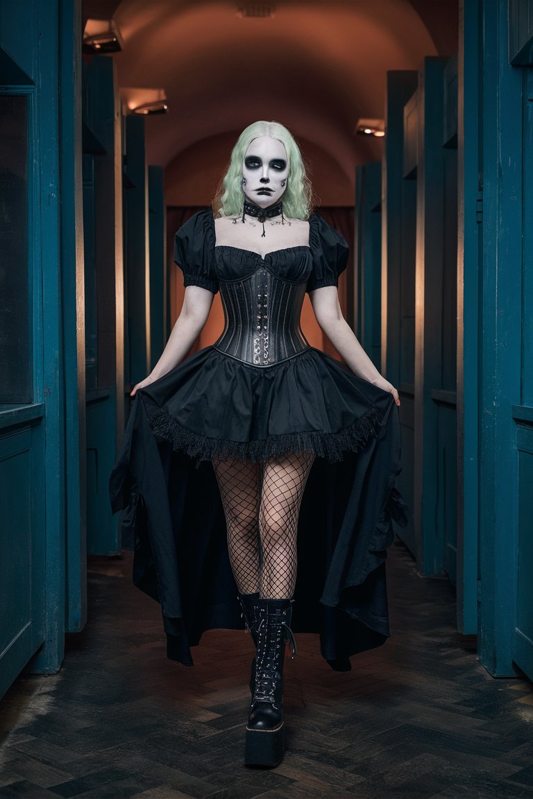 Corset Dress with a High-Low Hem and Platform Boots goth outfit