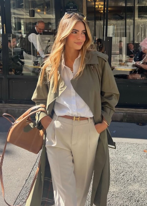 A Trench Coat with a White Button-Down and Straight Jeans casual work outfit