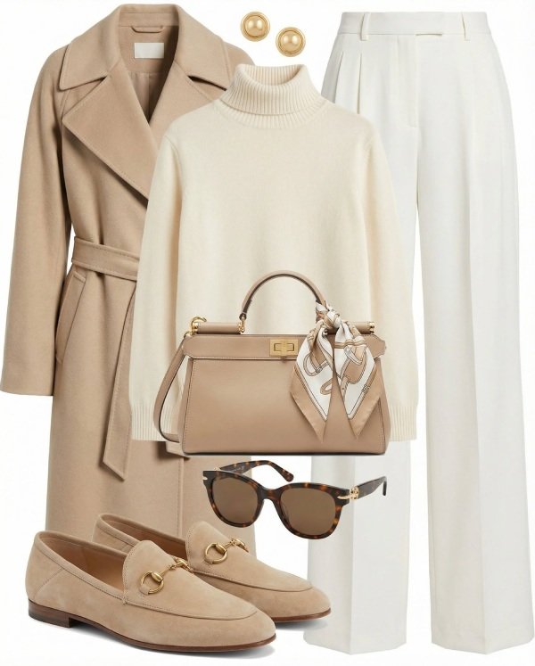 A Trench Coat with a Fitted Turtleneck and Tailored Trousers casual work outfit