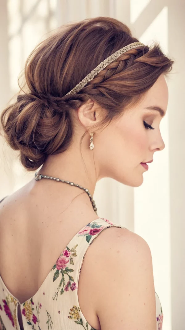 Twisted headband wrap worn with an elegant braided updo