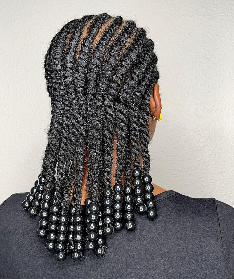 Two strand twists with beads at the ends