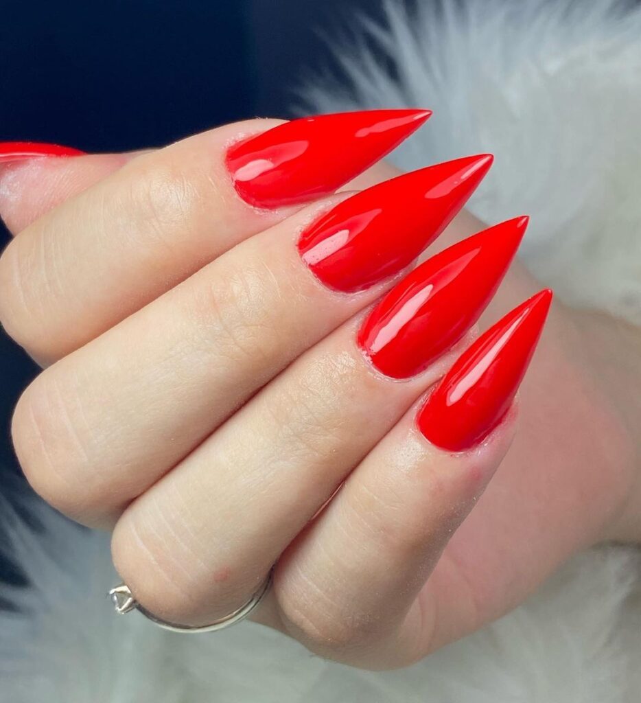 Classic Gloss on Long Stiletto Nails red nail design