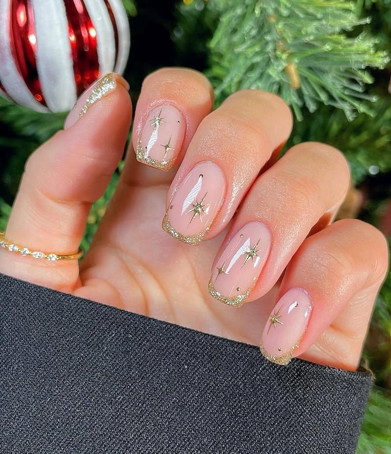 Gold Star Glitter French Tips festive Christmas nail art