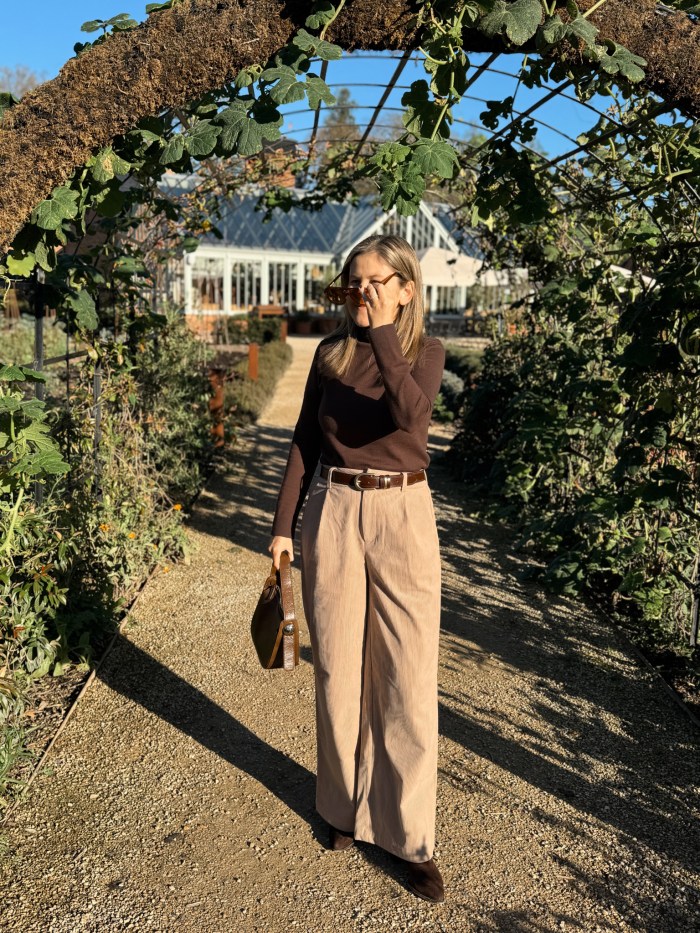 Wide-leg corduroy trousers London outfit