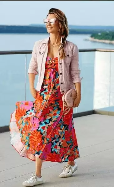 Floral maxi dress with blush denim jacket weekend outfit