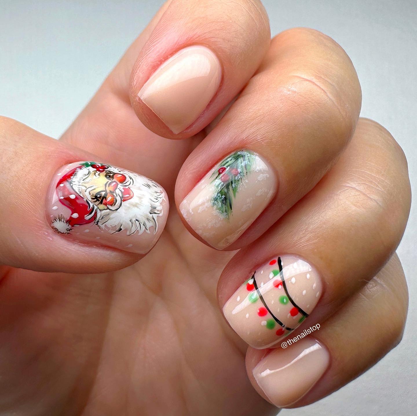 Vintage Santa Portrait Nails with Pine and Lights vintage Christmas nail design