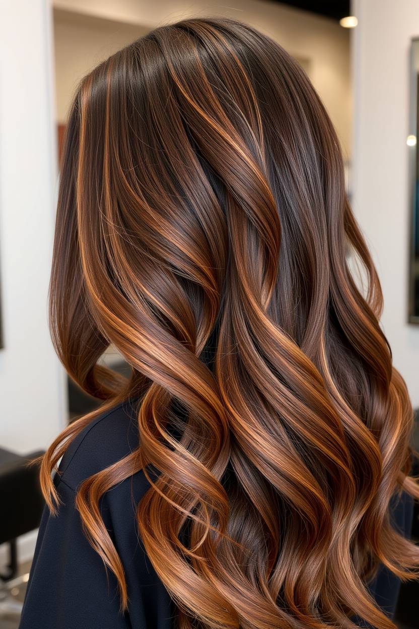 Woman with toffee blonde highlights in brown hair
