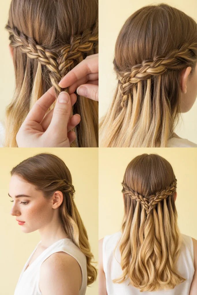 Waterfall braid half-up hairstyle