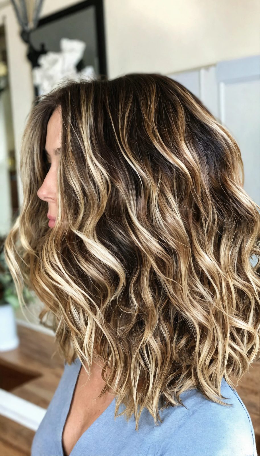 Wavy textured lob with blonde balayage highlights and dark roots