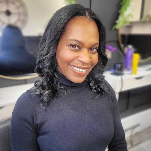 Mid-length press with soft loose waves silk press hairstyle