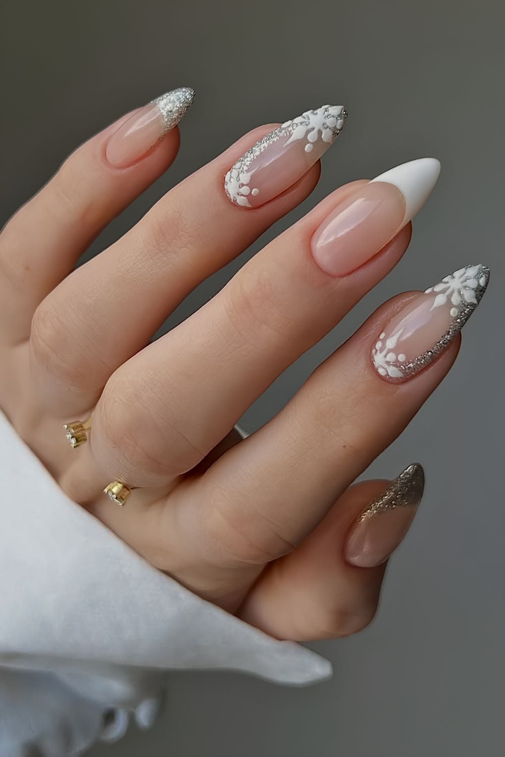Gold and Silver Glitter French with Flakes white Christmas nail design