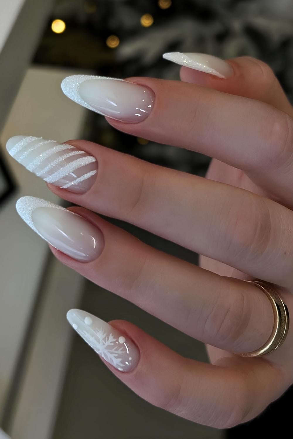 Sugar Glitter French with Candy Stripes white Christmas nail design