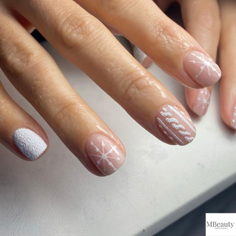 Nude Pink Nails with Delicate Snowflakes elegant christmas nail design