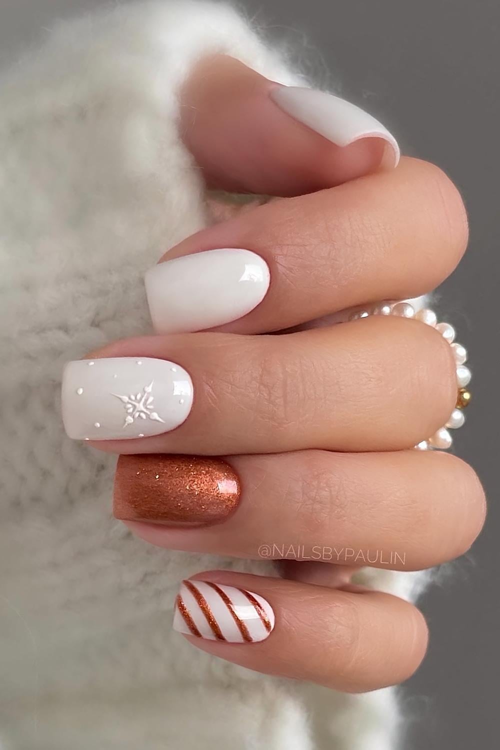 Warm Copper Glitter over Crisp White white Christmas nail design