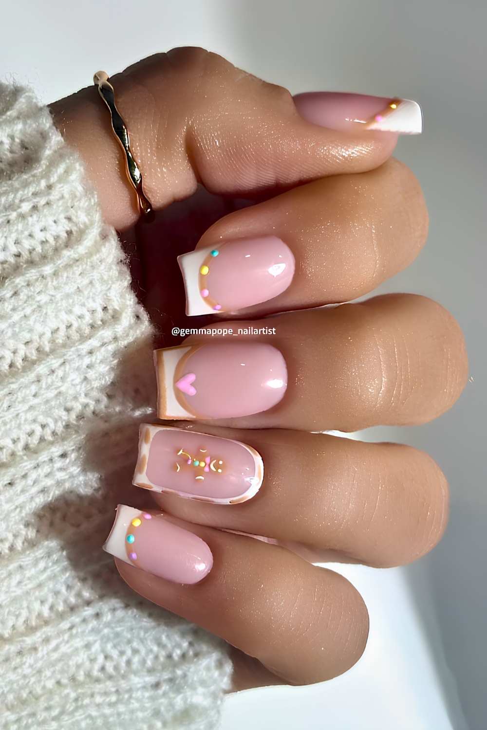 White French Tips with Gingerbread and Heart Art elegant christmas nail design
