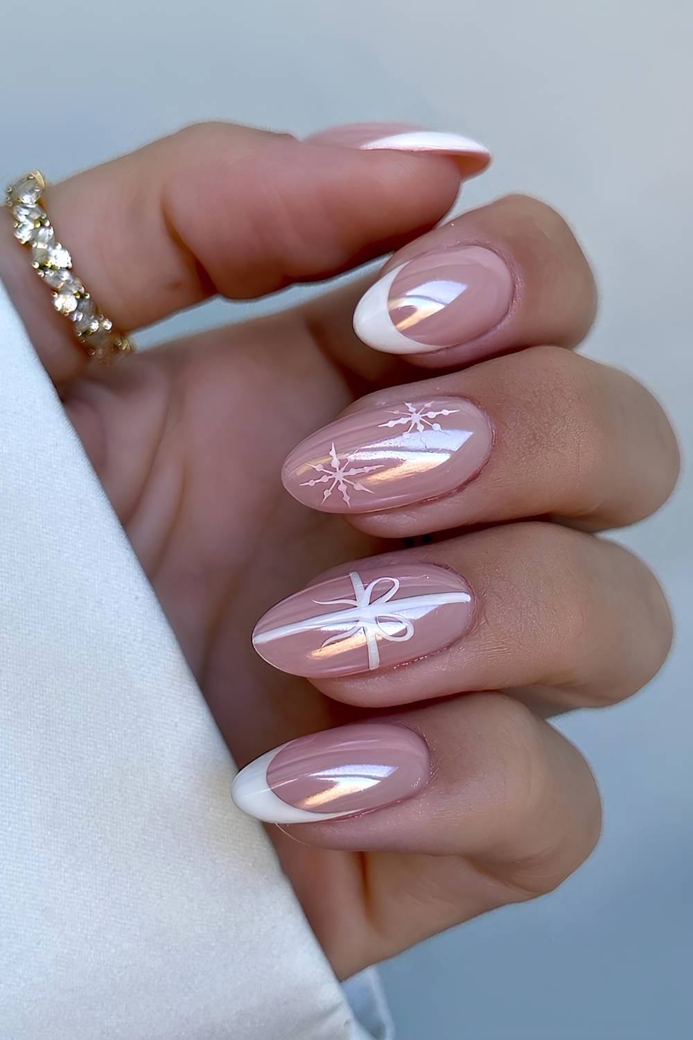 White Chrome French Nails with Gift Bows and Snowflakes holiday nails