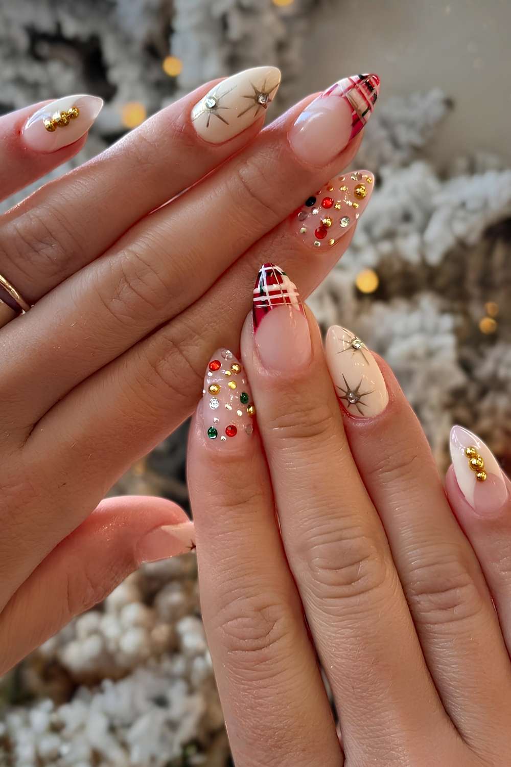 White Almond Nails with Plaid, Chrome Stars and Holiday Rhinestones holiday nails