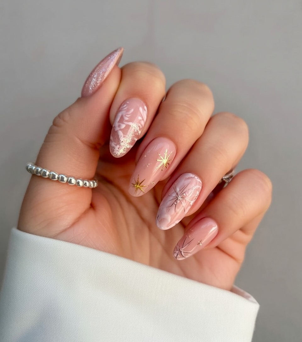 Pale Pink Shimmer Nails with a Gold Star classy Christmas nail manicure