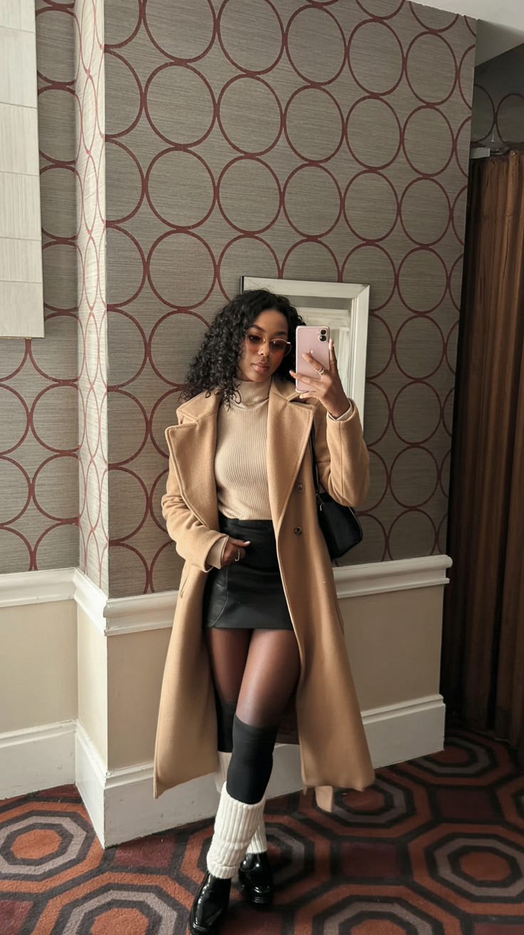 Camel coat over a fitted knit and leather mini skirt winter birthday outfit