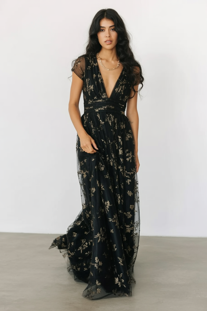Black tulle dress with gold floral detail formal outfit