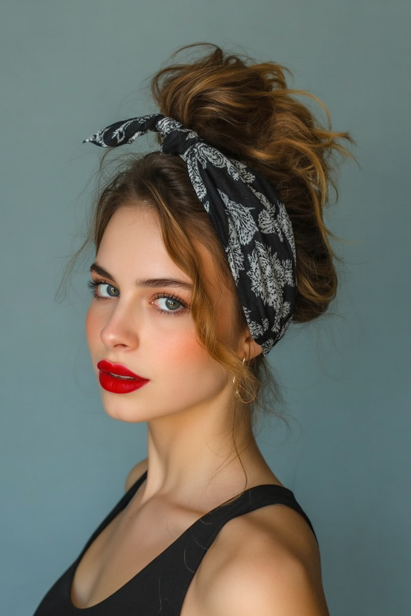 Headband hairstyle with a bun and bangs