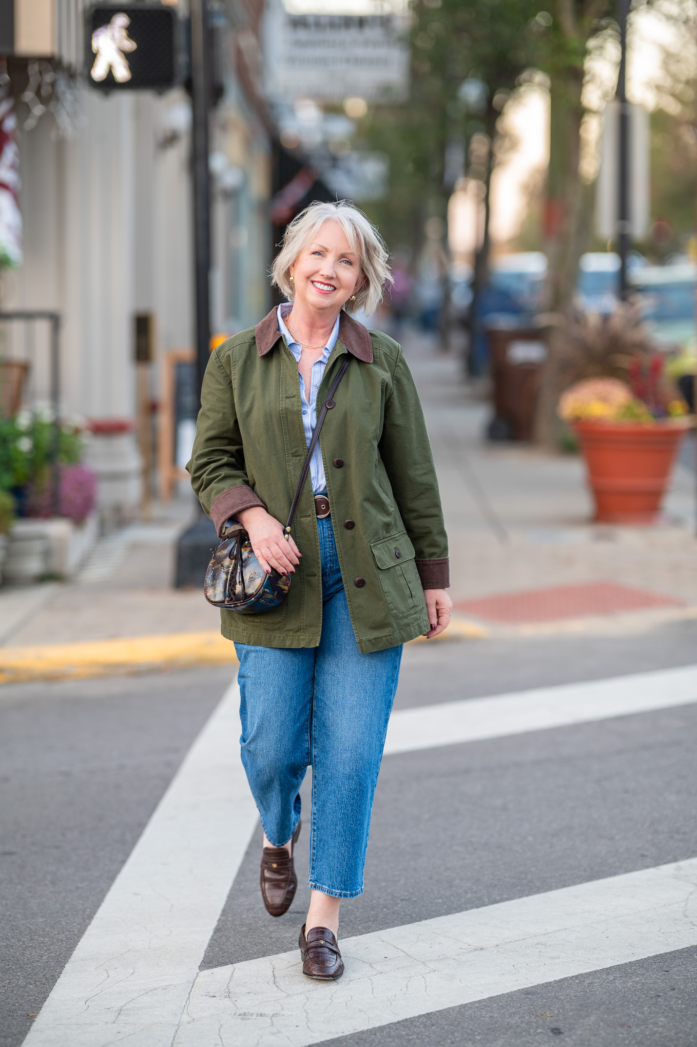 Loden barn coat outfit with cropped jeans and silk shirt