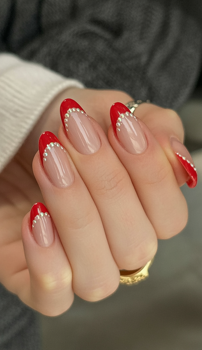 Red French Tips with a Pearl Cuticle Line Christmas French tips nail design