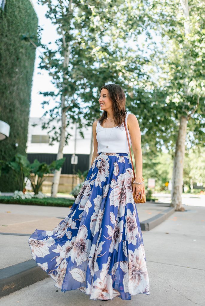 Blue floral maxi skirt with a white tank