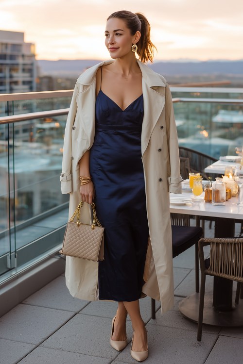 Navy satin midi dress with a beige trench coat