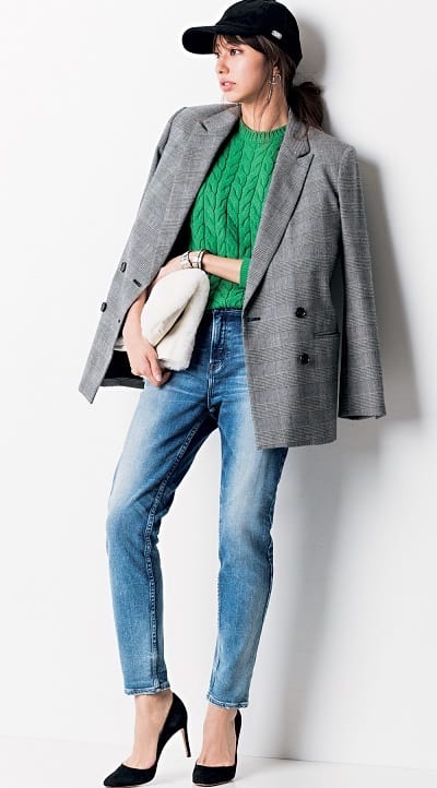 Grey Blazer with a Green Knit and Straight Jeans professional outfit