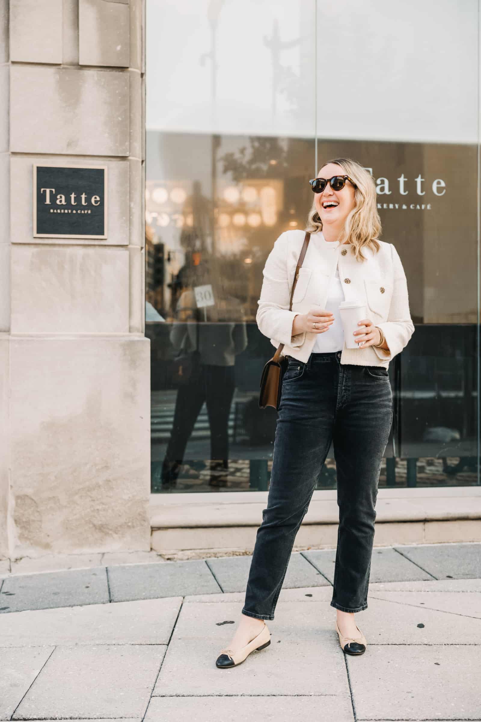 Dark-Wash Straight Jeans with a Jacket and Ballet Flats cute jeans outfit