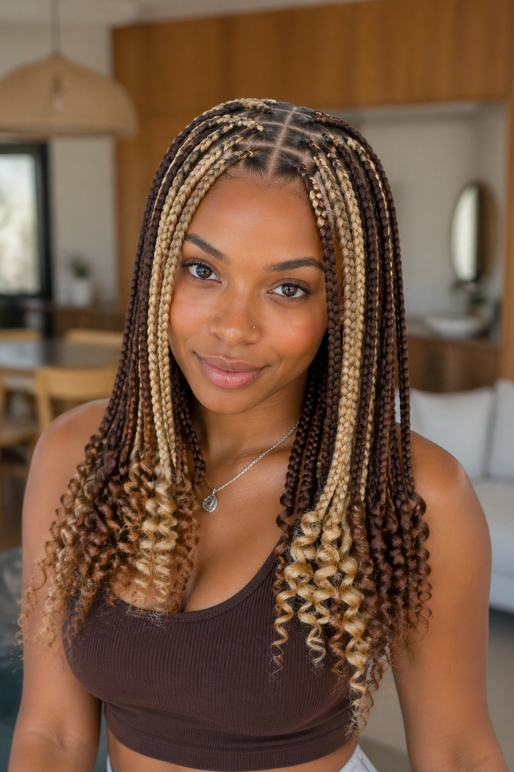 Feed-in braids with blonde and brown curly ends braided style