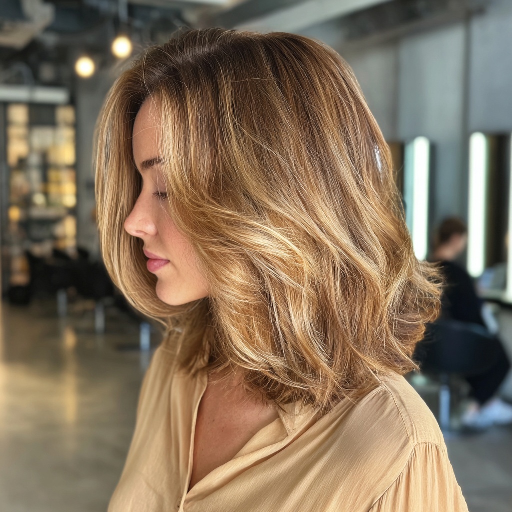 Layered collarbone lob in warm honey blonde low maintenance haircut