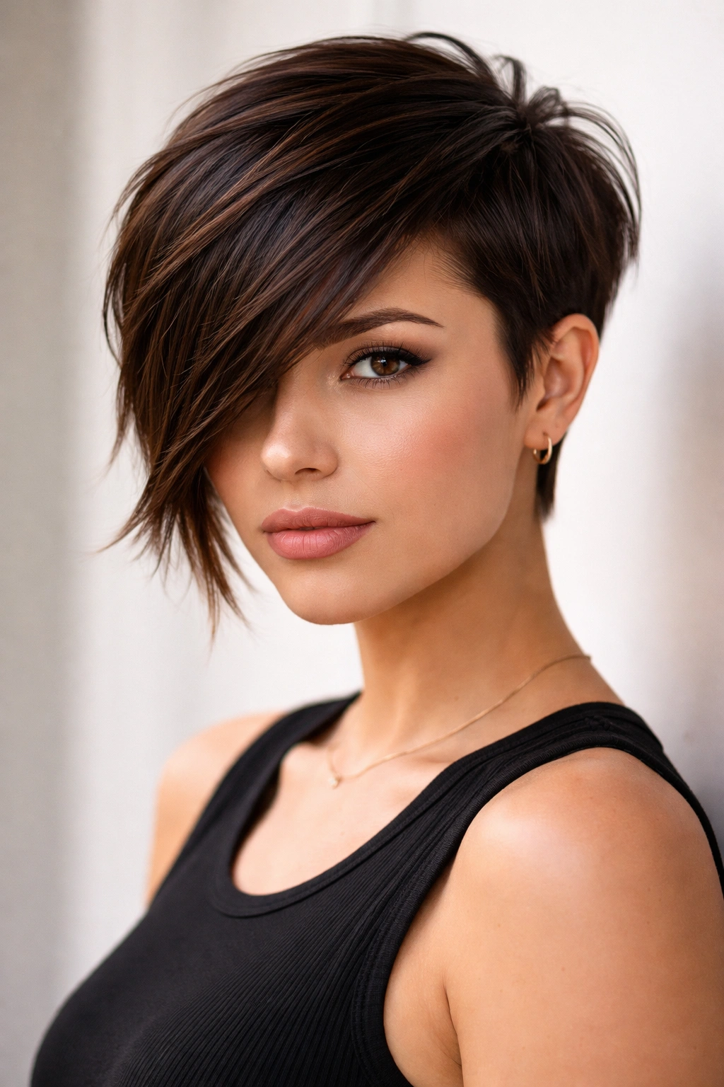 Woman with an asymmetric pixie haircut and long fringe