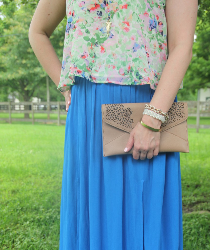 Floral tank top with a blue maxi skirt