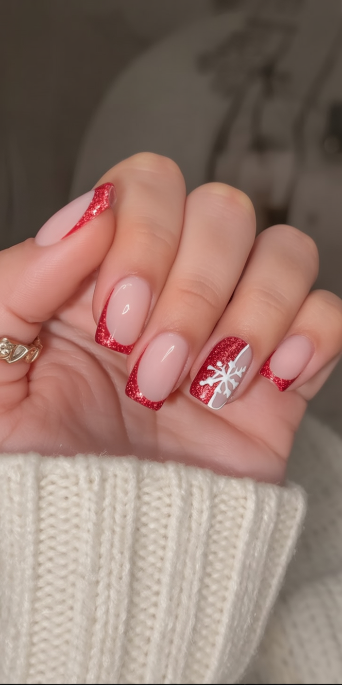 Red Glitter French Tips with a Single Snowflake Christmas French tips nail design