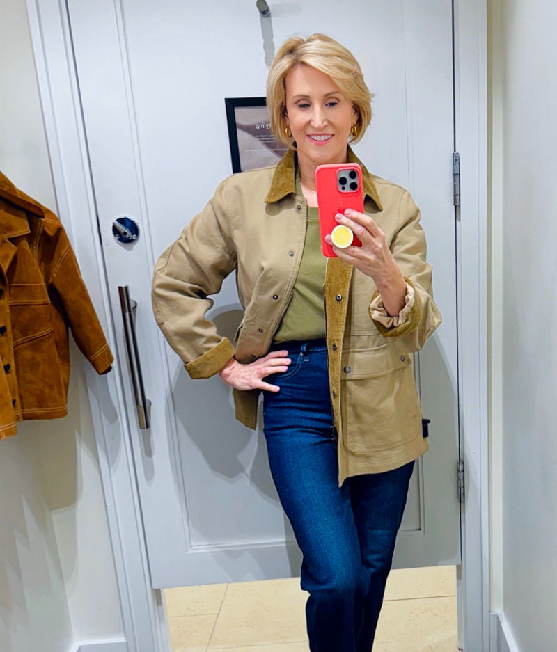 Barn jacket outfit with dark denim and a cashmere crewneck