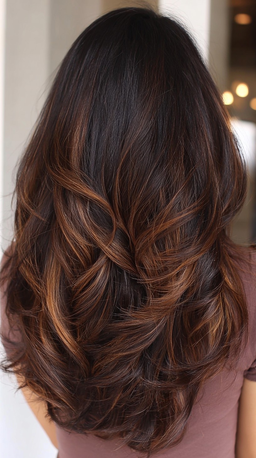 Dark brown hair with caramel balayage for everyday wear