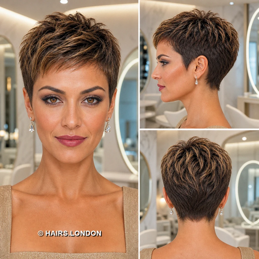 Beige blonde pixie with long diagonal fringe haircut