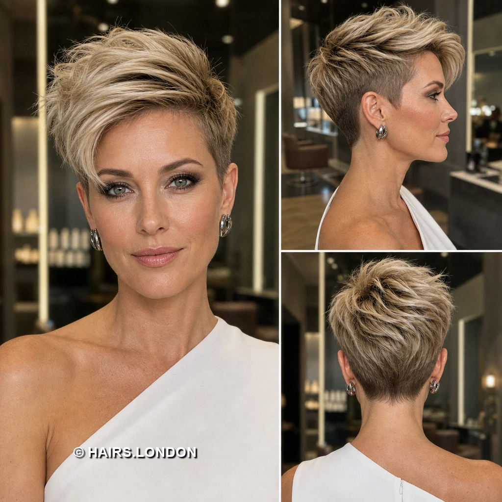 Beige blonde pixie with sweeping fringe haircut