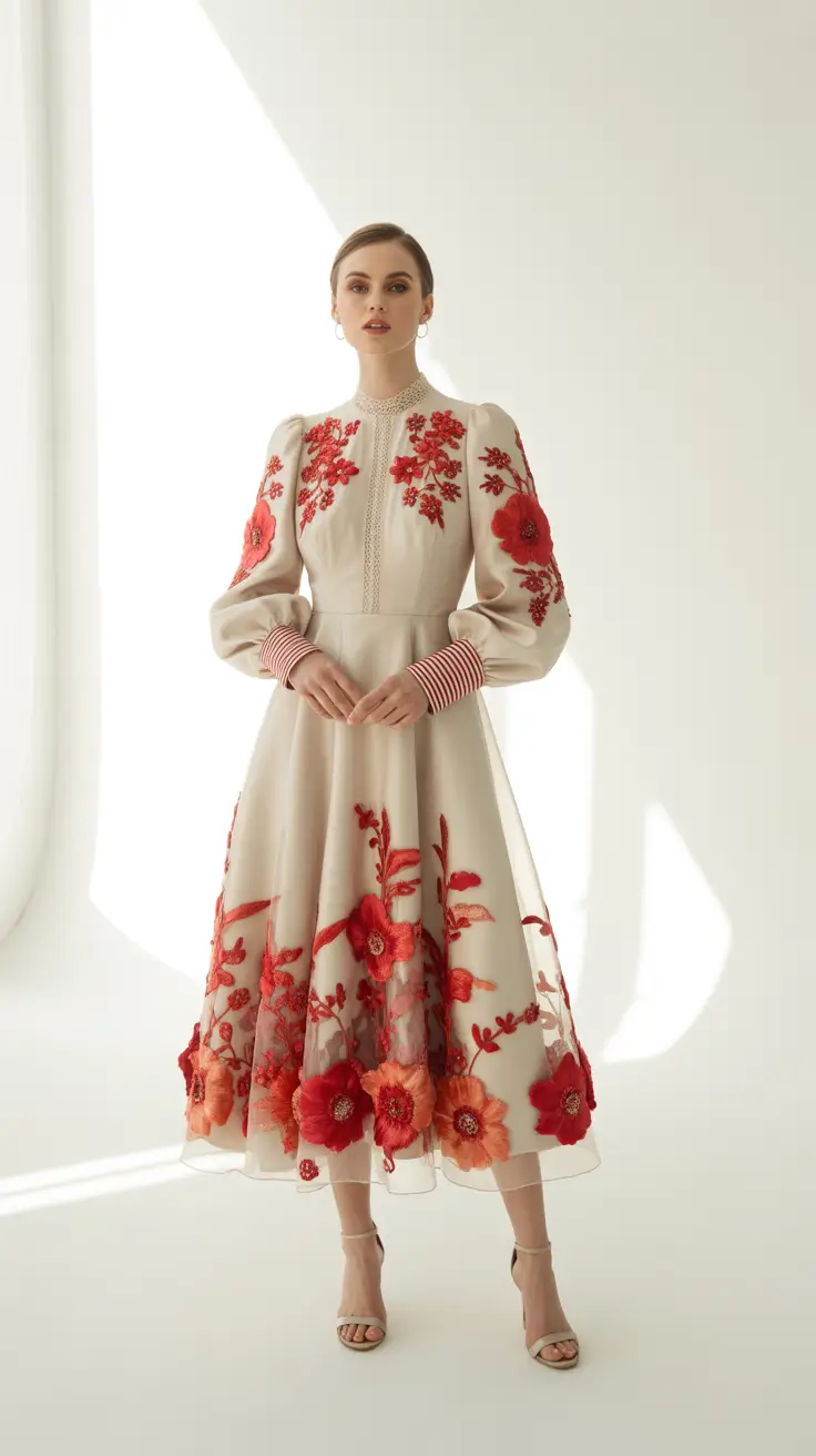 Cream midi dress with red embroidered flowers and puff sleeves
