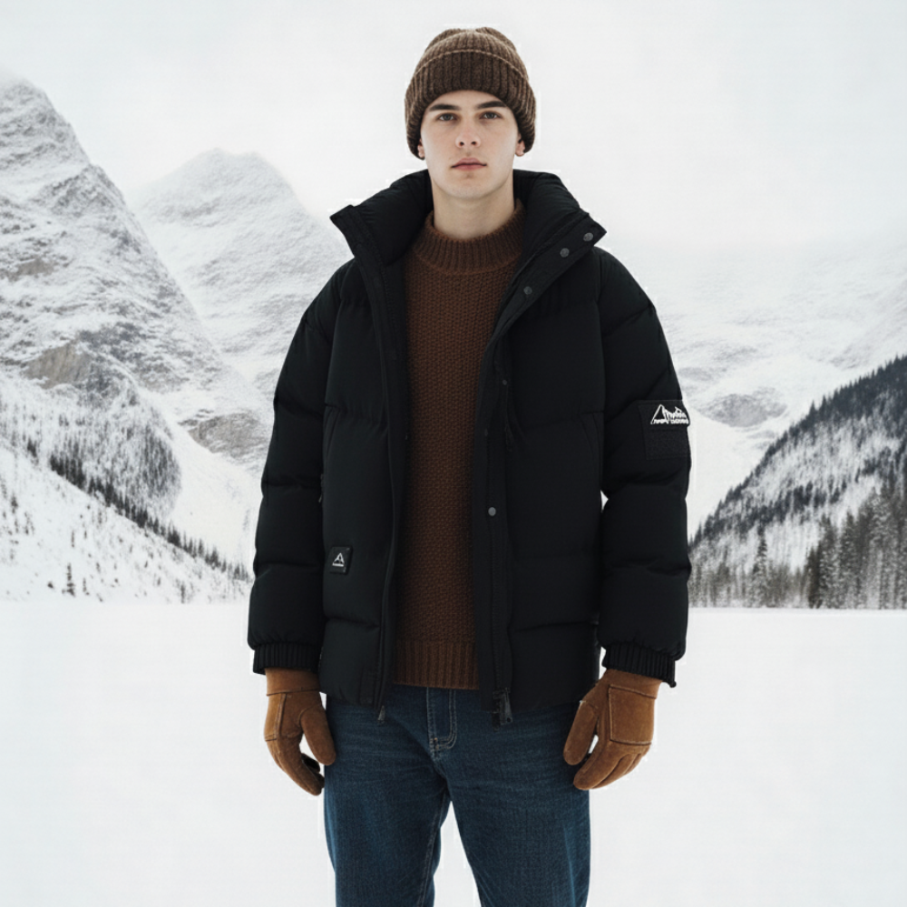 Black Puffer Jacket With a Knit Beanie men's winter outfit