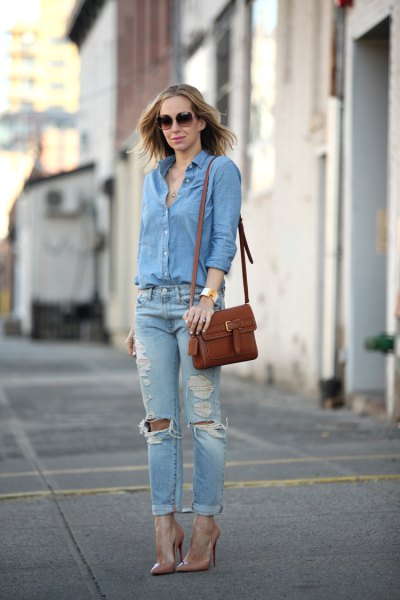 Light blue button-up shirt with ripped boyfriend jeans blue top outfit