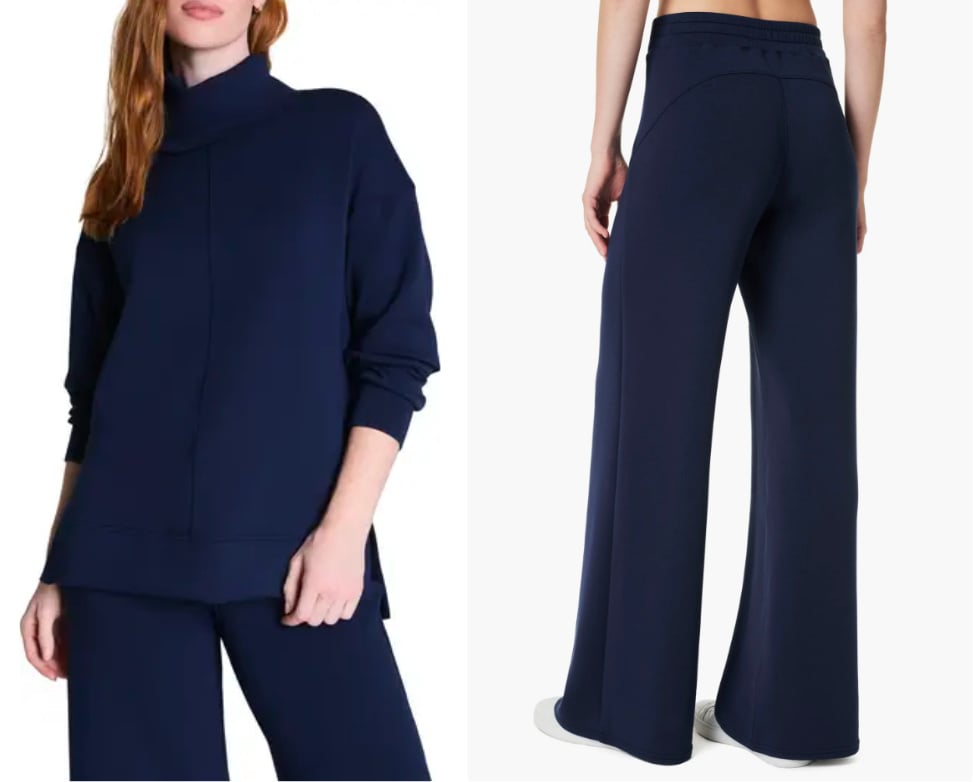 Soft blue loungewear set with a long tunic sweatshirt and wide-leg pants comfy outfit