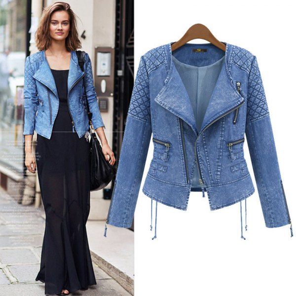 Quilted Denim Blazer with a Black Maxi Dress jacket outfit