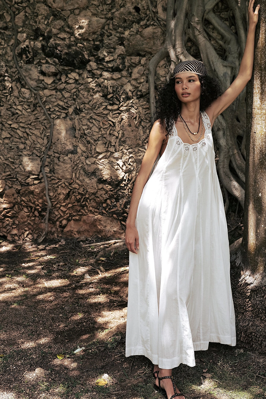 White Eyelet-Trim Trapeze Maxi With Headscarf boho outfit