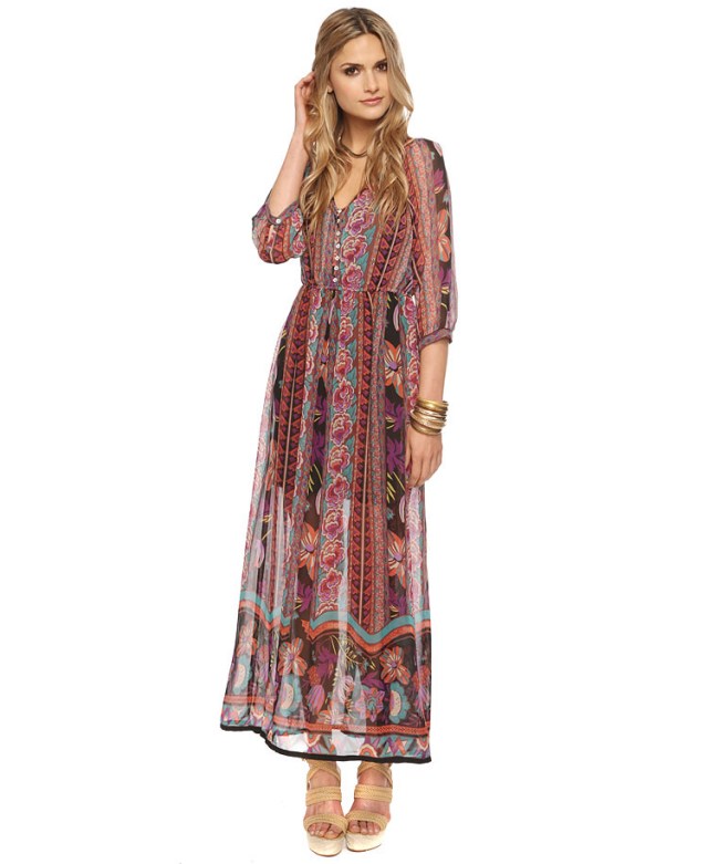 Boho Floral Maxi Dress with Sandals and Bracelets styling dress idea