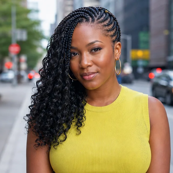 Side-swept lemonade boho braids cascading over one shoulder