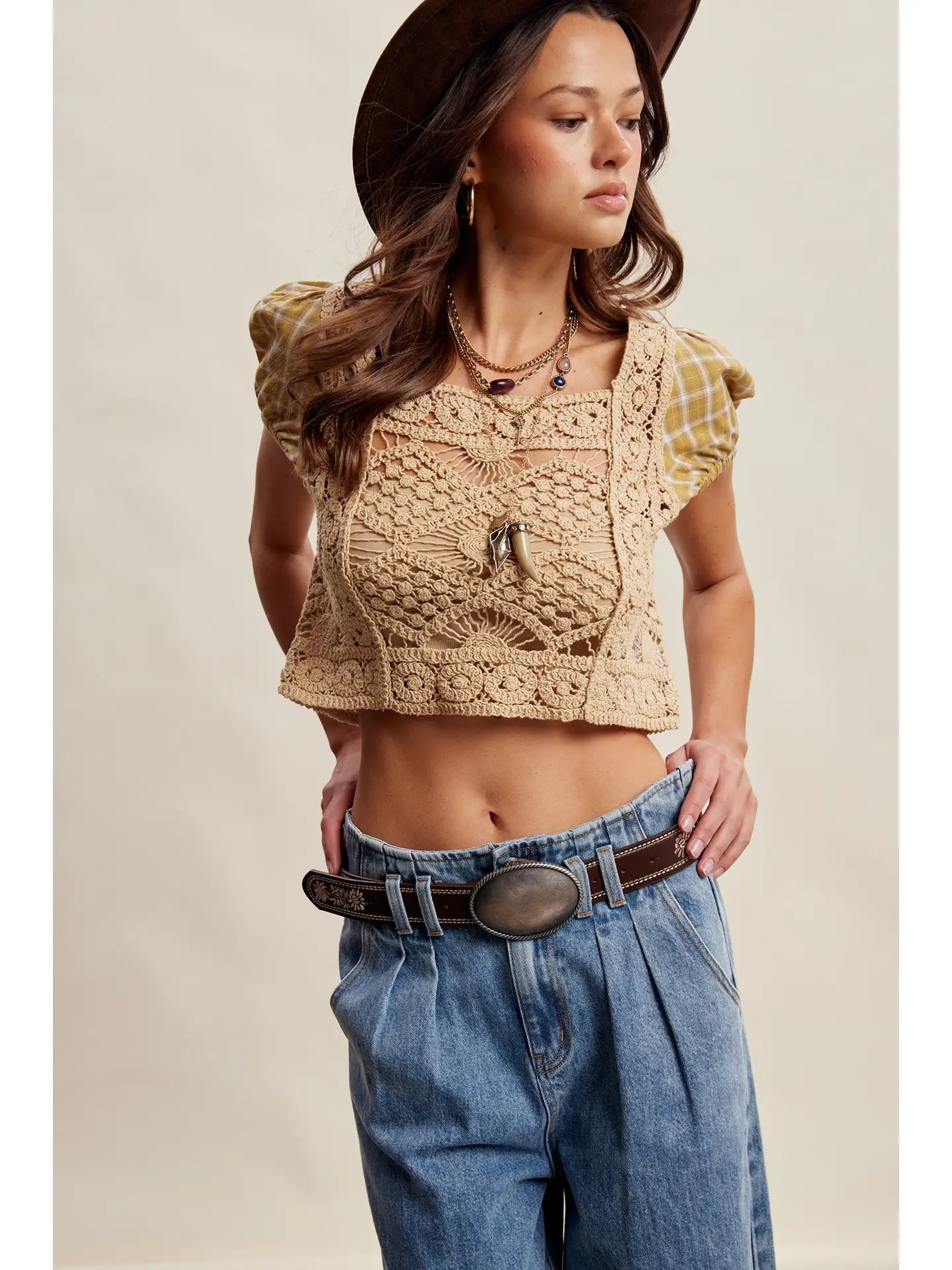 Crochet Crop Top With Wide-Leg Jeans and a Western Belt boho outfit