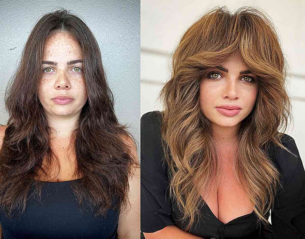 Shaggy layered haircut with bottleneck bangs